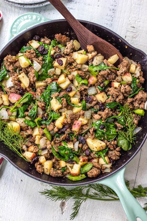 Whole30 Egg Free Sausage Breakfast Skillet with Cranberries